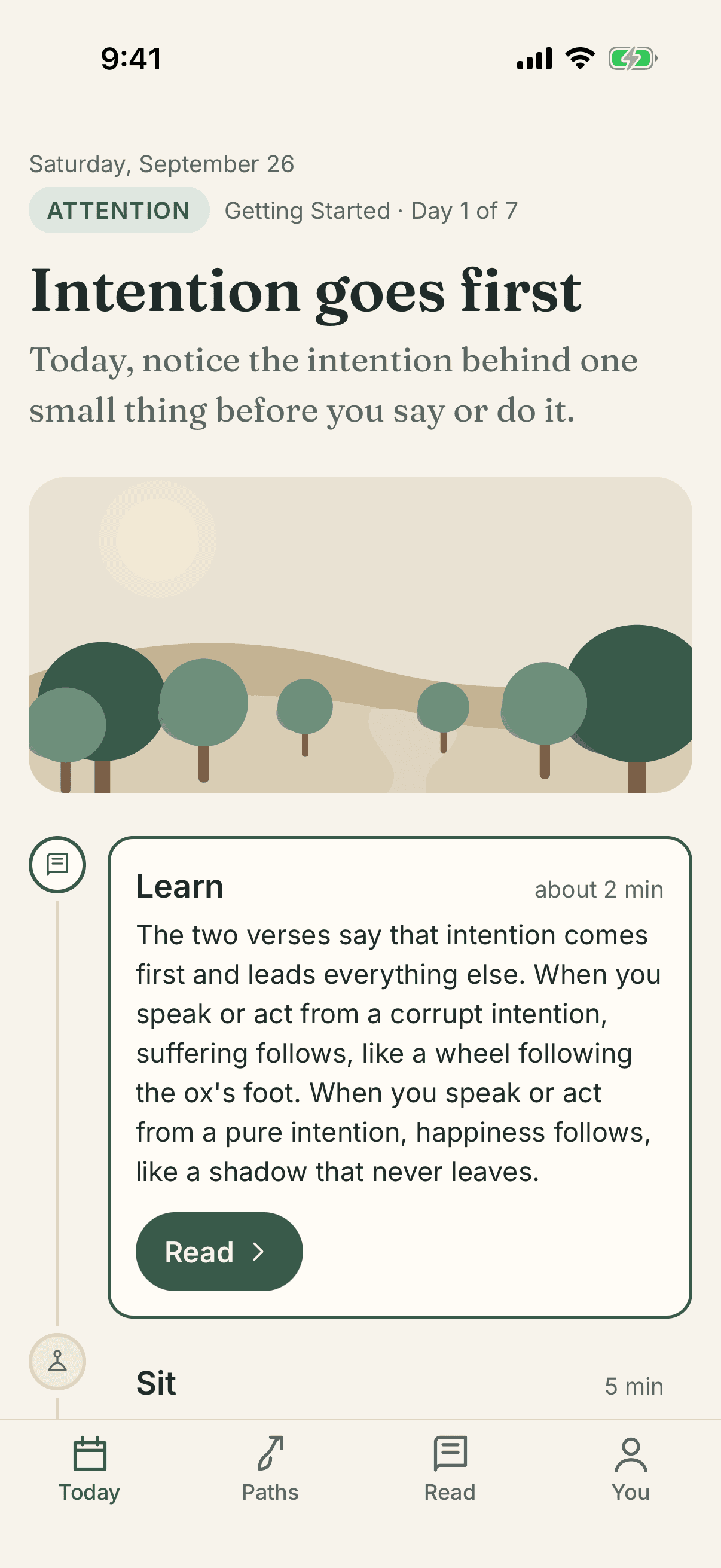 Today screen showing the day’s teaching title, intention and the four steps