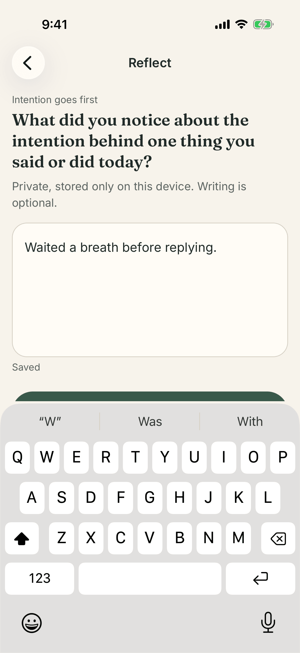 Reflect screen with the evening question and a private note